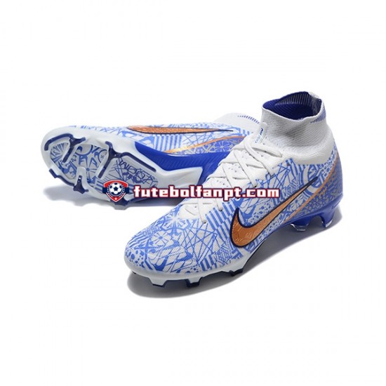 Ouro Azul Branco Nike Air Zoom Mercurial Superfly IX Elite FG Chuteiras de futebol