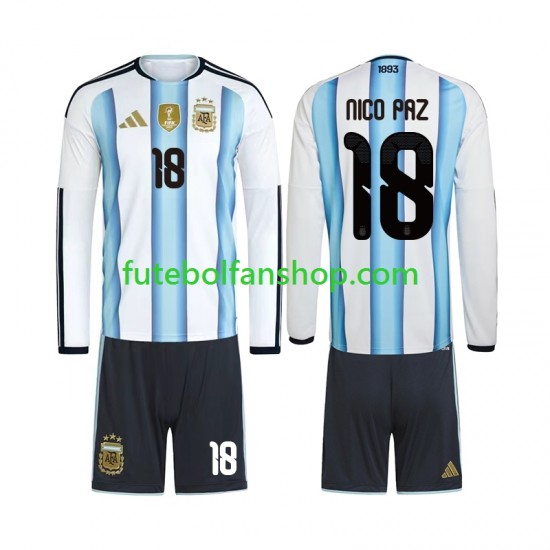Camisola Principal Seleção Argentina Nico Paz 18 World Cup 2026 Manga Comprida ,Criança