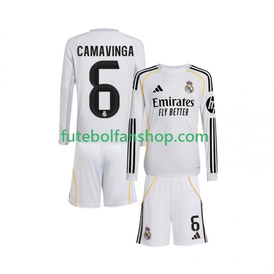 Camisola Principal Real Madrid Camavinga 6 Época 2025/2026 Manga Comprida ,Criança