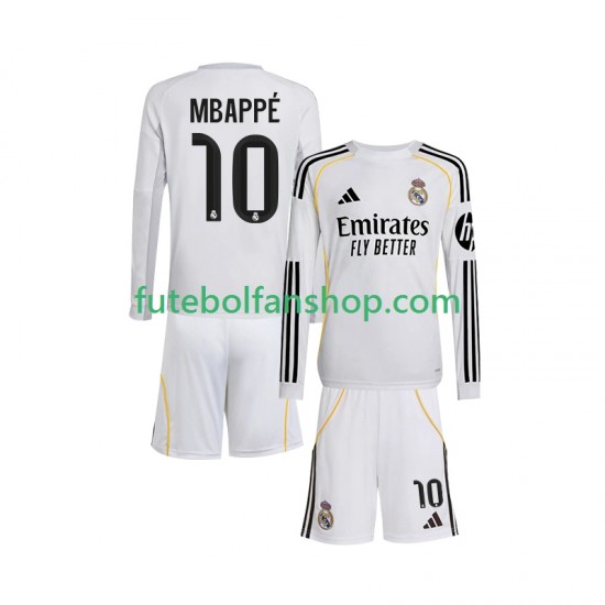 Camisola Principal Real Madrid Kylian Mbappe 10 Época 2025/2026 Manga Comprida ,Criança